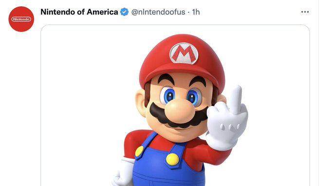 Publicação de um perfil com o selo de verificado, no nome da Nintendo, mostrando o famoso personagem Mario exibindo o dedo do meio. Sim, aquele da ofensa.