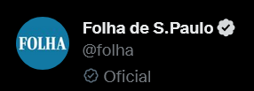 Captura de tela do perfil no Twitter da Folha de São Paulo. Ao lado do nome, um selo de verificado. Abaixo, o username e, mais abaixo, um outro selo de verificação, apenas com o seu contorno e a marca de verificação ao meio, com o texto "Oficial" ao lado.